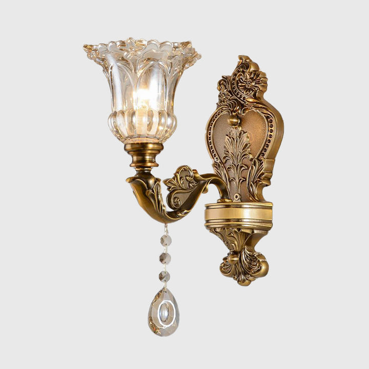 Vintage Floral Wandlampe 1/2 Köpfe Geprägte Kristallprisma Wand Sconce Licht in Messing