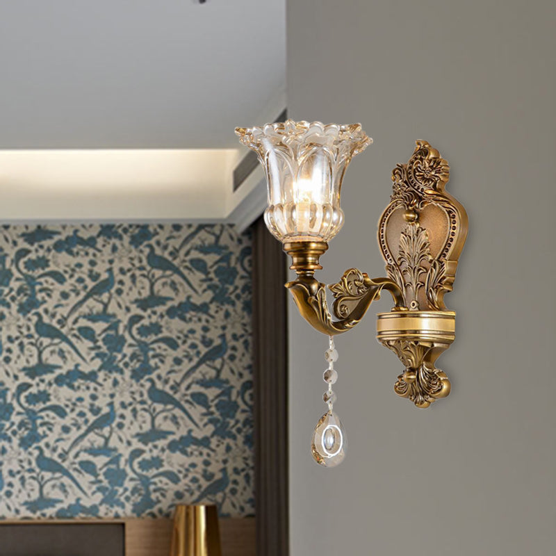 Vintage Floral Wandlampe 1/2 Köpfe Geprägte Kristallprisma Wand Sconce Licht in Messing