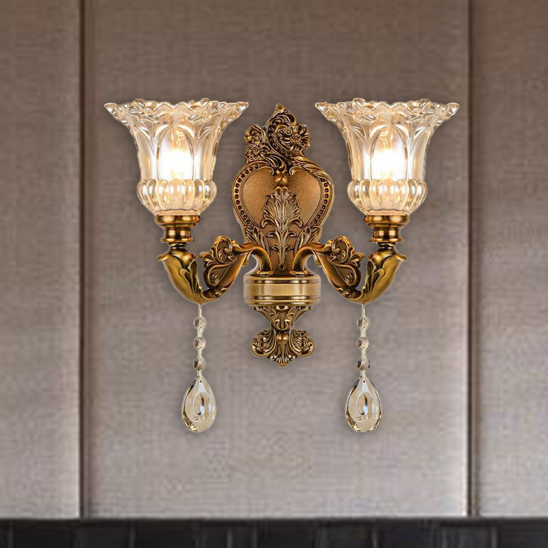 Vintage Floral Wandlampe 1/2 Köpfe Geprägte Kristallprisma Wand Sconce Licht in Messing