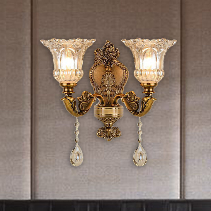 Vintage Floral Wandlampe 1/2 Köpfe Geprägte Kristallprisma Wand Sconce Licht in Messing