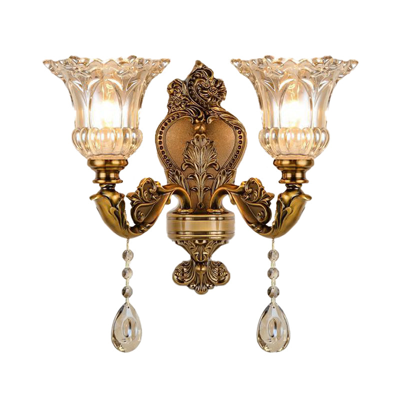 Vintage Floral Wandlampe 1/2 Köpfe Geprägte Kristallprisma Wand Sconce Licht in Messing