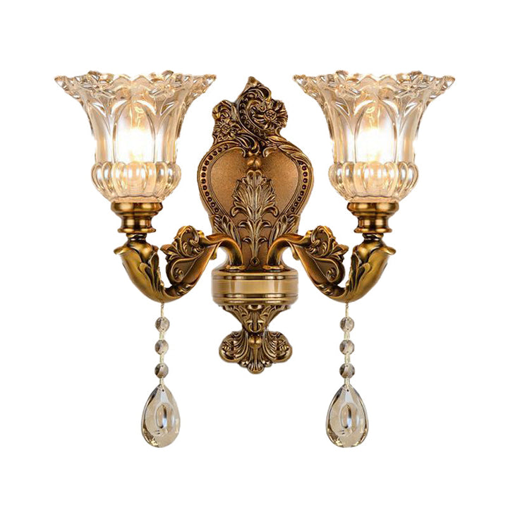 Vintage Floral Wandlampe 1/2 Köpfe Geprägte Kristallprisma Wand Sconce Licht in Messing