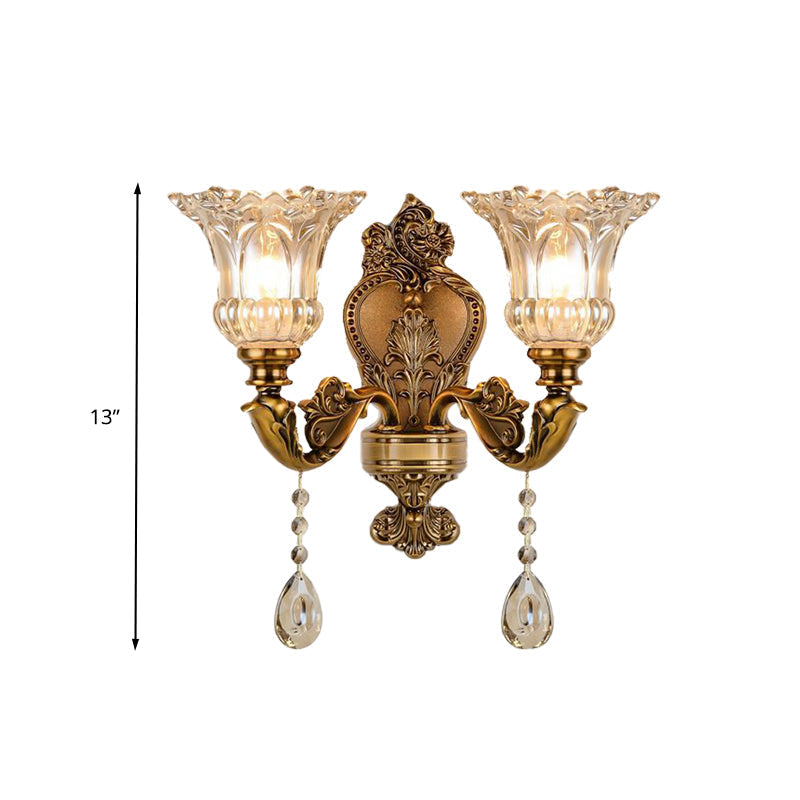 Vintage Floral Wandlampe 1/2 Köpfe Geprägte Kristallprisma Wand Sconce Licht in Messing