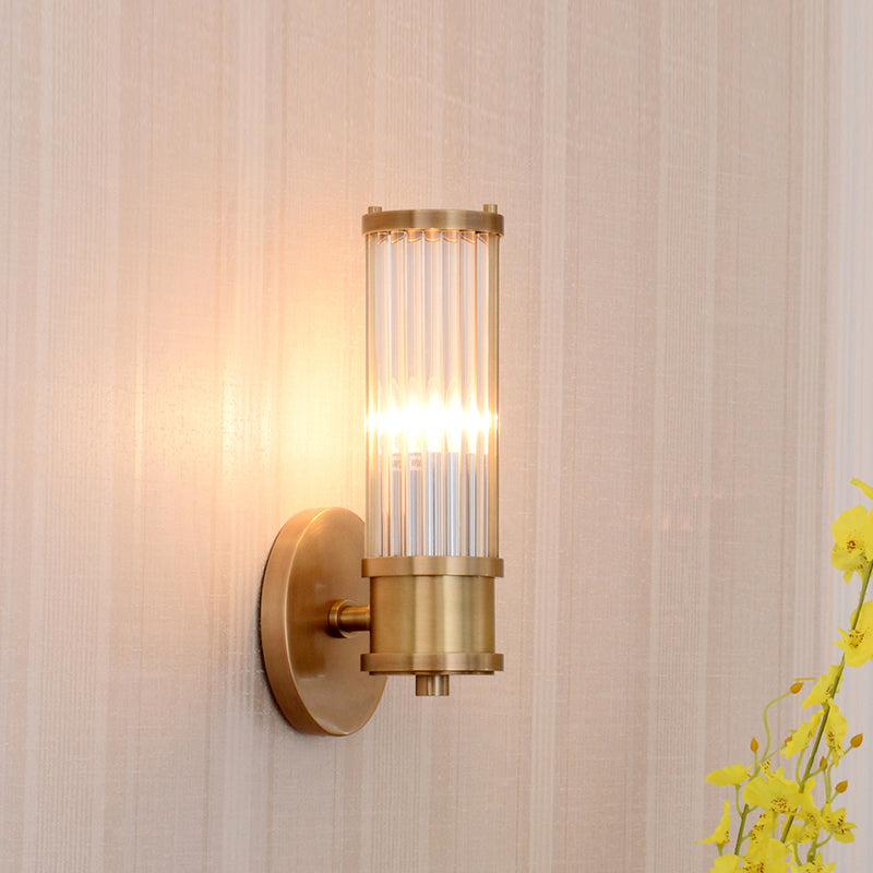 1/2-Licht Flur Wandlicht Moderne stilvolle goldene Wandleuchte mit zylindrischem klarem Kristallschirm