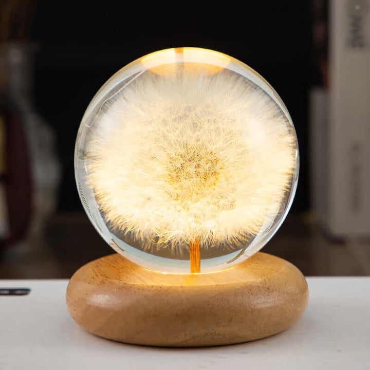 LED-Nachtlicht Blumen-Kristallkugel Kinder-Nachtlampe mit Holzsockel Schlafzimmer Ambientelicht Kreativgeschenk Nachtlicht