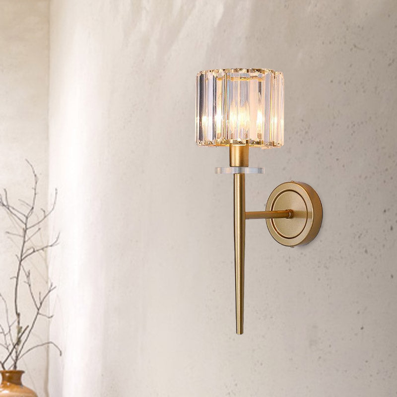 Kristallblock Gold Wandleuchte Zylindrisch 1 Licht Einfache Wandleuchte mit Eisen Bleistiftarm