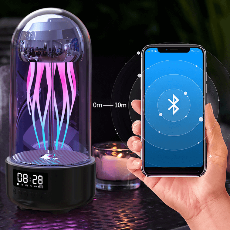 Kreative 3in1 Bunte Quallenlampe Mit Uhr Leuchtende Tragbare Stereo Atmungslicht Smarte Dekoration Bluetooth Lautsprecher