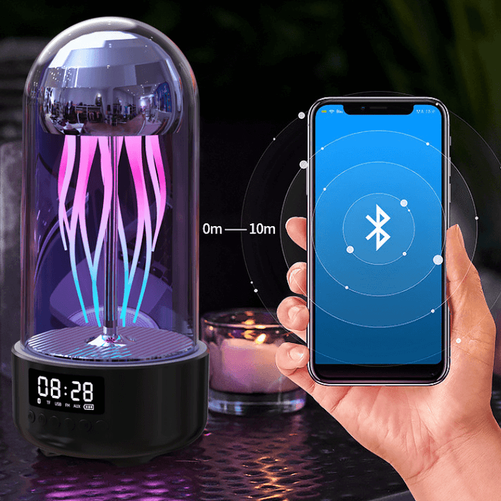 Kreative 3in1 Bunte Quallenlampe Mit Uhr Leuchtende Tragbare Stereo Atmungslicht Smarte Dekoration Bluetooth Lautsprecher