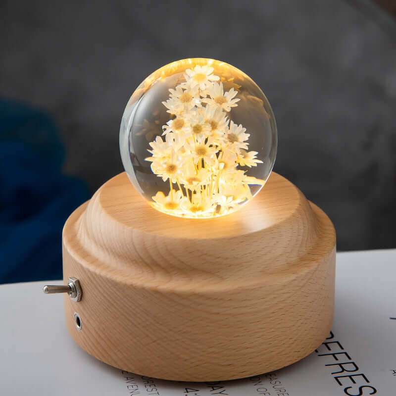LED-Nachtlicht Blumen-Kristallkugel Kinder-Nachtlampe mit Holzsockel Schlafzimmer Ambientelicht Kreativgeschenk Nachtlicht