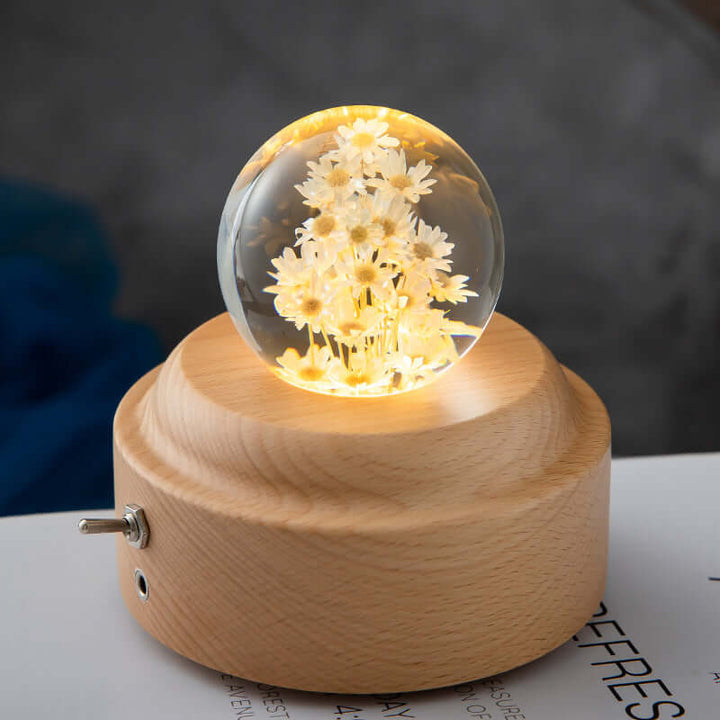 LED-Nachtlicht Blumen-Kristallkugel Kinder-Nachtlampe mit Holzsockel Schlafzimmer Ambientelicht Kreativgeschenk Nachtlicht