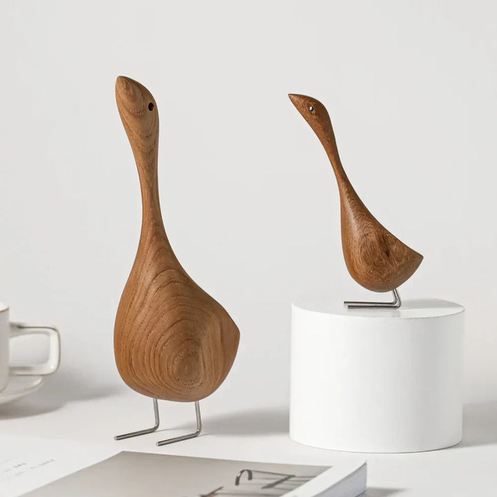 Nordic Holz-Gans Figuren Abstrakte Teakholz Skulptur Liebespaar Figuren Natürliche Tierornamente für Wohnkultur