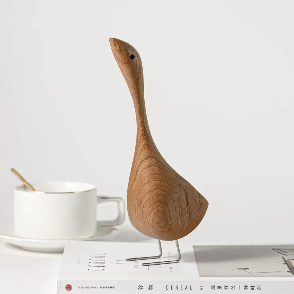 Nordic Holz-Gans Figuren Abstrakte Teakholz Skulptur Liebespaar Figuren Natürliche Tierornamente für Wohnkultur