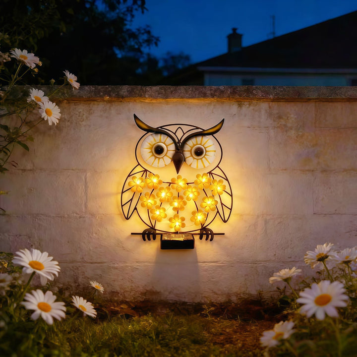 Metallene Eule Wandkunst mit solarbetriebenen LED-Blumenlichtern und Eisenrahmen