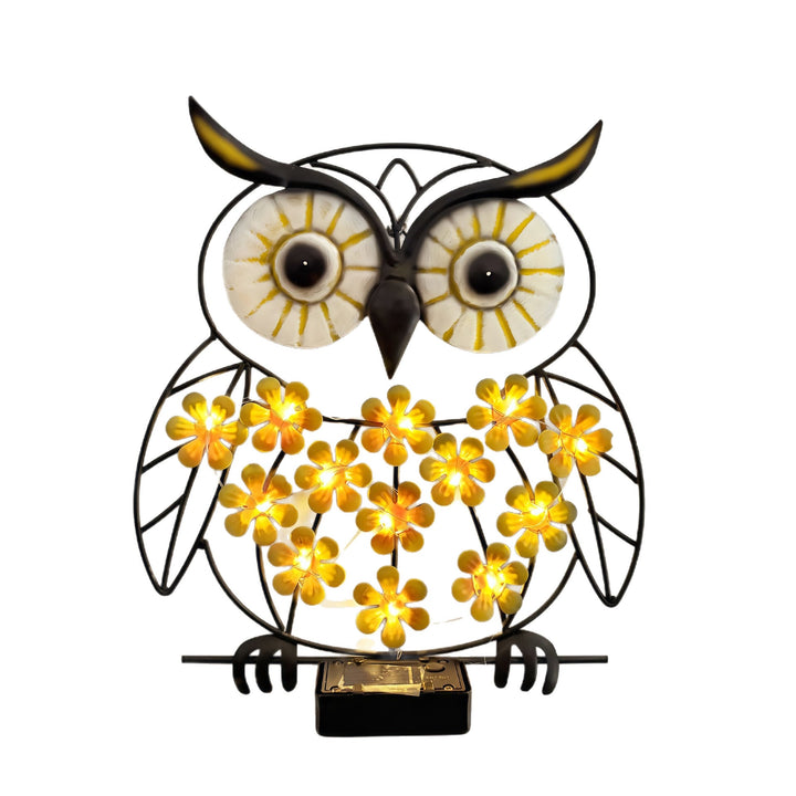 Metallene Eule Wandkunst mit solarbetriebenen LED-Blumenlichtern und Eisenrahmen