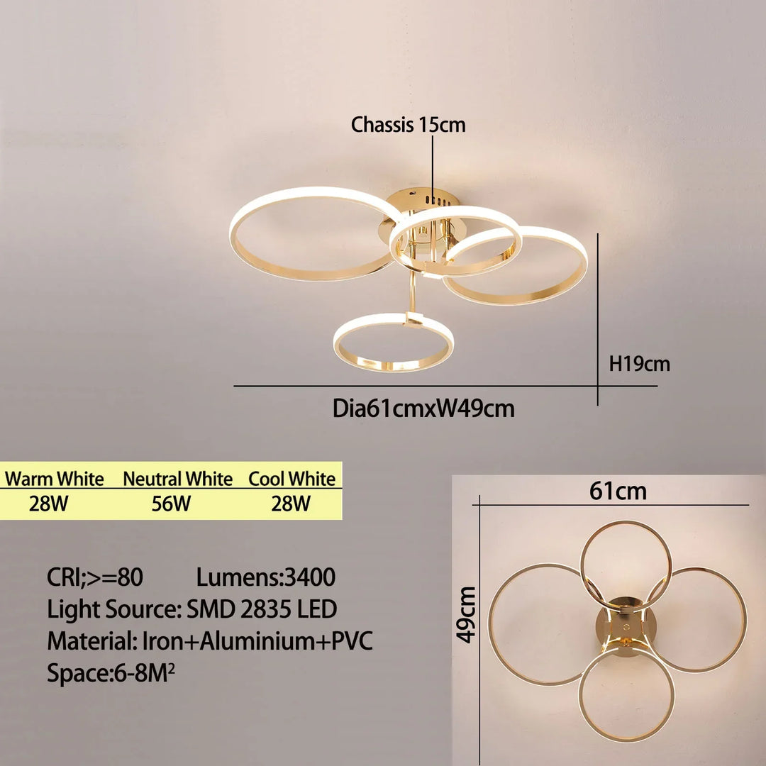 Moderner LED-Deckenleuchter – Dimmbares Licht mit Fernbedienung & App-Steuerung, Gold/Chrom/Schwarz Finish, für Wohnzimmer & Schlafzimmer