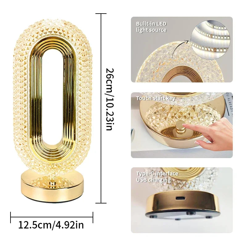Moderne Luxus Oval USB Wiederaufladbare Kristall Tischlampe – Dimmbares LED Nachtlicht für Schlafzimmer, Wohnzimmer und Nachttischdekoration