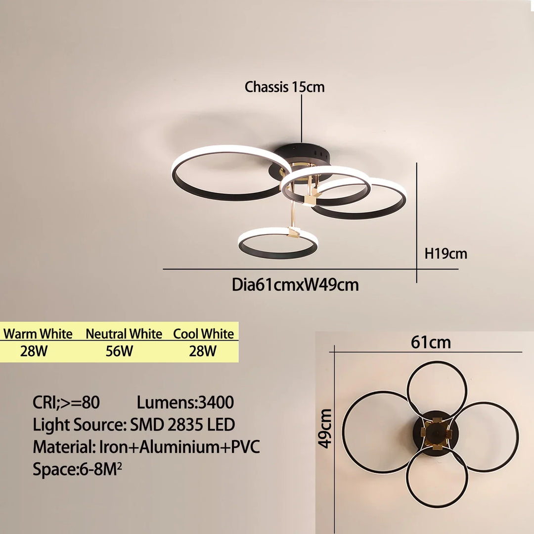 Moderner LED-Deckenleuchter – Dimmbares Licht mit Fernbedienung & App-Steuerung, Gold/Chrom/Schwarz Finish, für Wohnzimmer & Schlafzimmer
