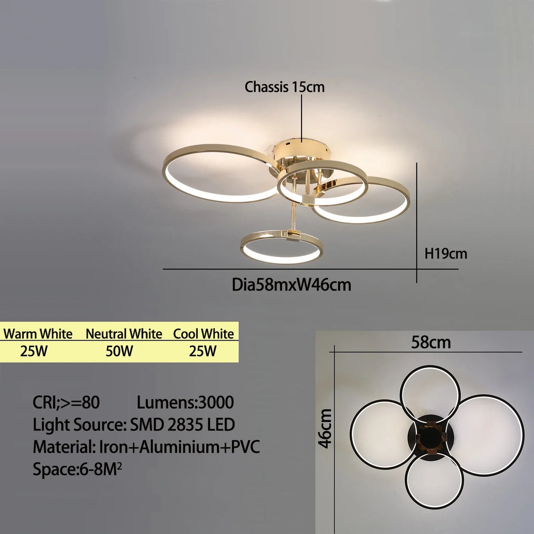 Moderne dimmbare LED-Deckenleuchte – 4/6-Ring-Kronleuchter mit Fernbedienung, einstellbare Farbtemperatur für Wohnzimmer, Schlafzimmer und Esszimmer