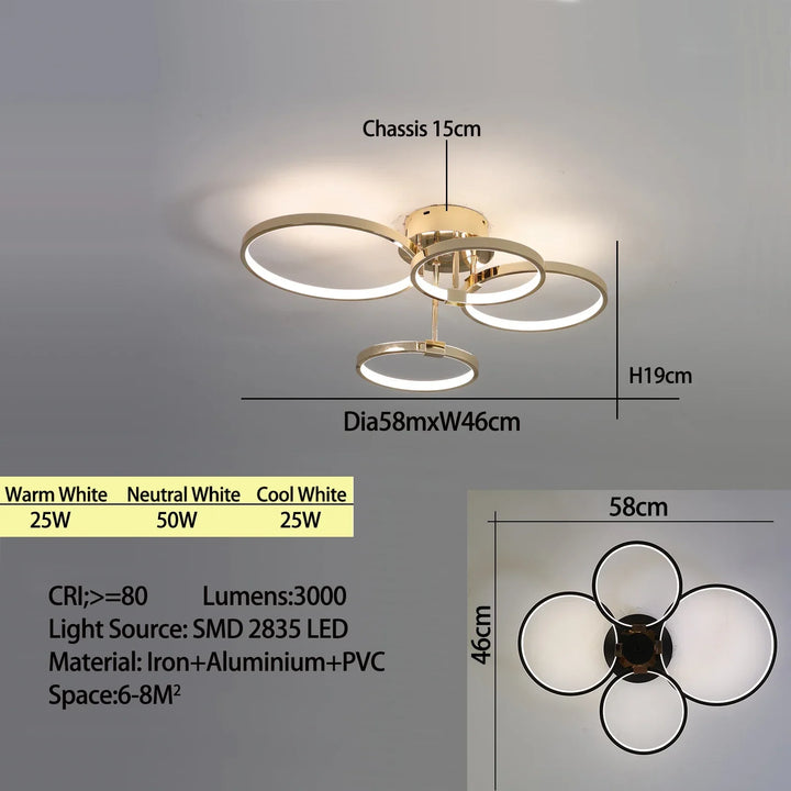 Moderne dimmbare LED-Deckenleuchte – 4/6-Ring-Kronleuchter mit Fernbedienung, einstellbare Farbtemperatur für Wohnzimmer, Schlafzimmer und Esszimmer