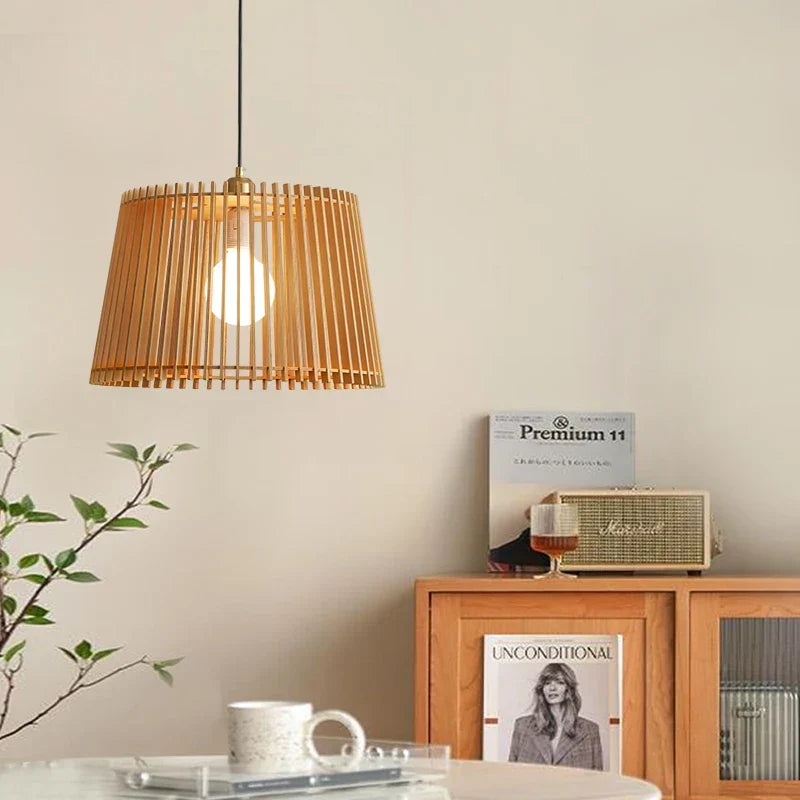 Moderne japanische Vogelkäfig Pendelleuchte – Holz Eimer Kronleuchter für Wohnzimmer, Schlafzimmer und Bar Dekor