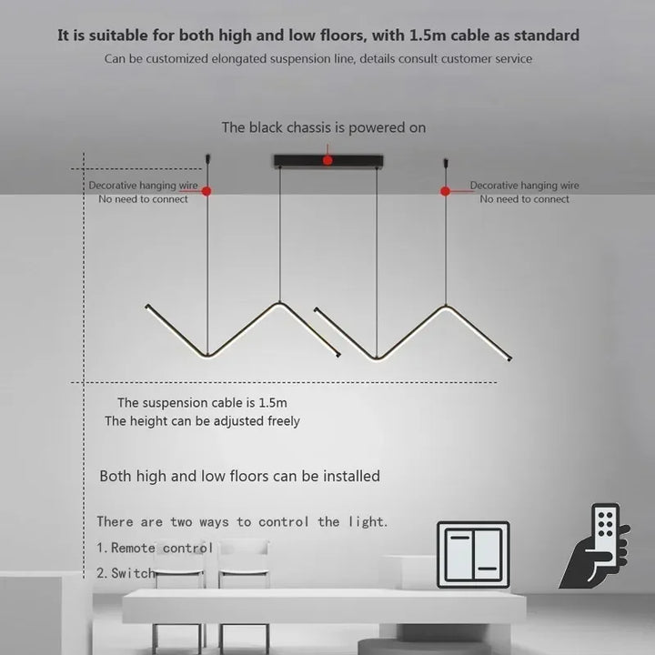 Moderne LED Pendelleuchte – Nordischer Gold-Kronleuchter für Küche, Esszimmer und Restaurant, Z-Form Design mit Fernbedienung