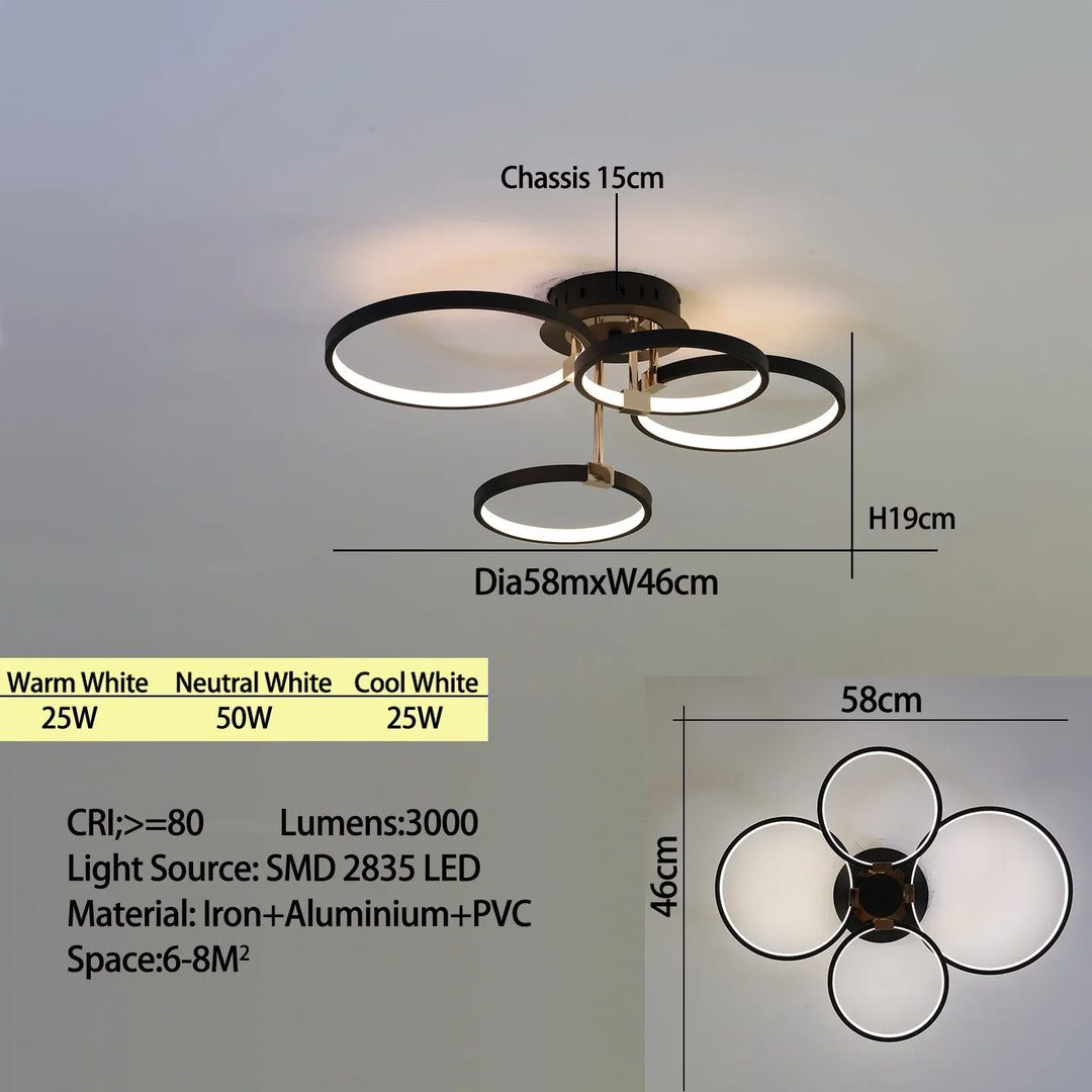 Moderne dimmbare LED-Deckenleuchte – 4/6-Ring-Kronleuchter mit Fernbedienung, einstellbare Farbtemperatur für Wohnzimmer, Schlafzimmer und Esszimmer