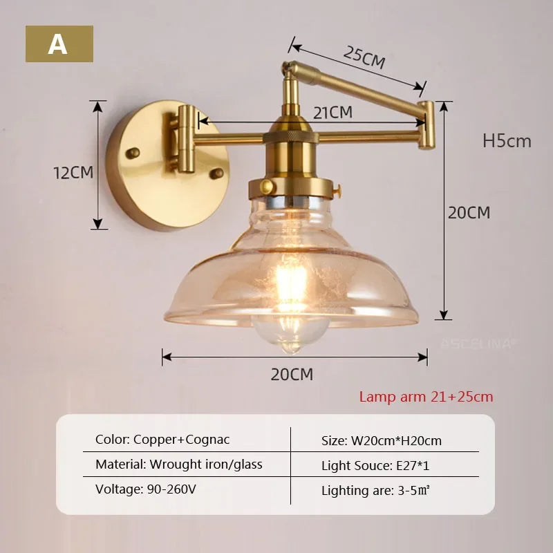 Nordic LED Glas Wandlampe – Schwenkarm Teleskop Klapp Leseleuchte für Schlafzimmer, Wohnzimmer und Arbeitszimmer, verstellbares langes Stangendesign