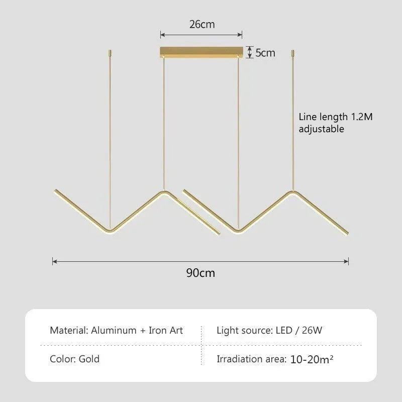 Moderne LED Pendelleuchte – Nordischer Gold-Kronleuchter für Küche, Esszimmer und Restaurant, Z-Form Design mit Fernbedienung