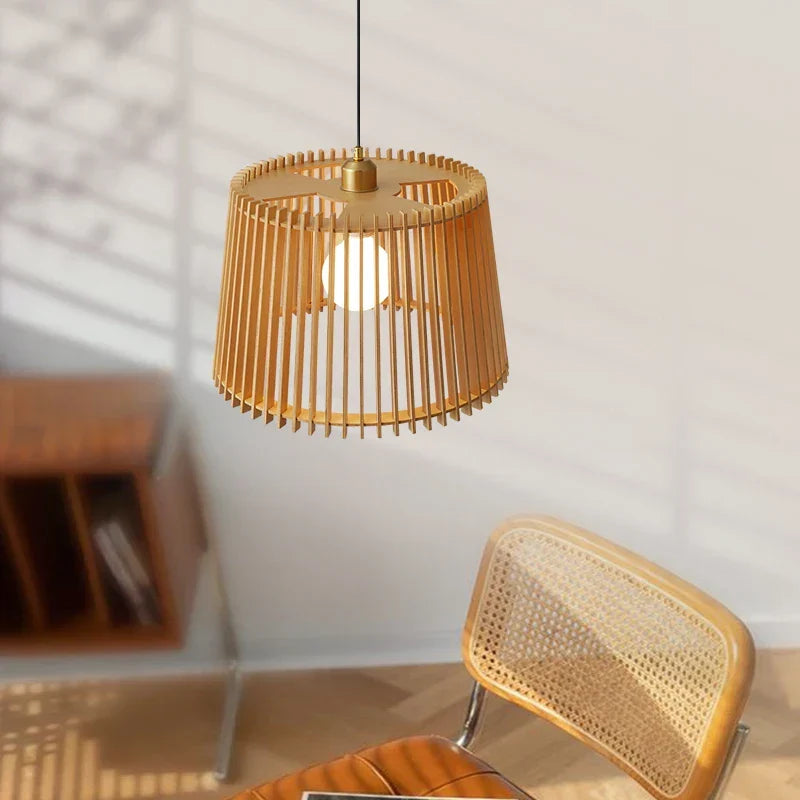Moderne japanische Vogelkäfig Pendelleuchte – Holz Eimer Kronleuchter für Wohnzimmer, Schlafzimmer und Bar Dekor