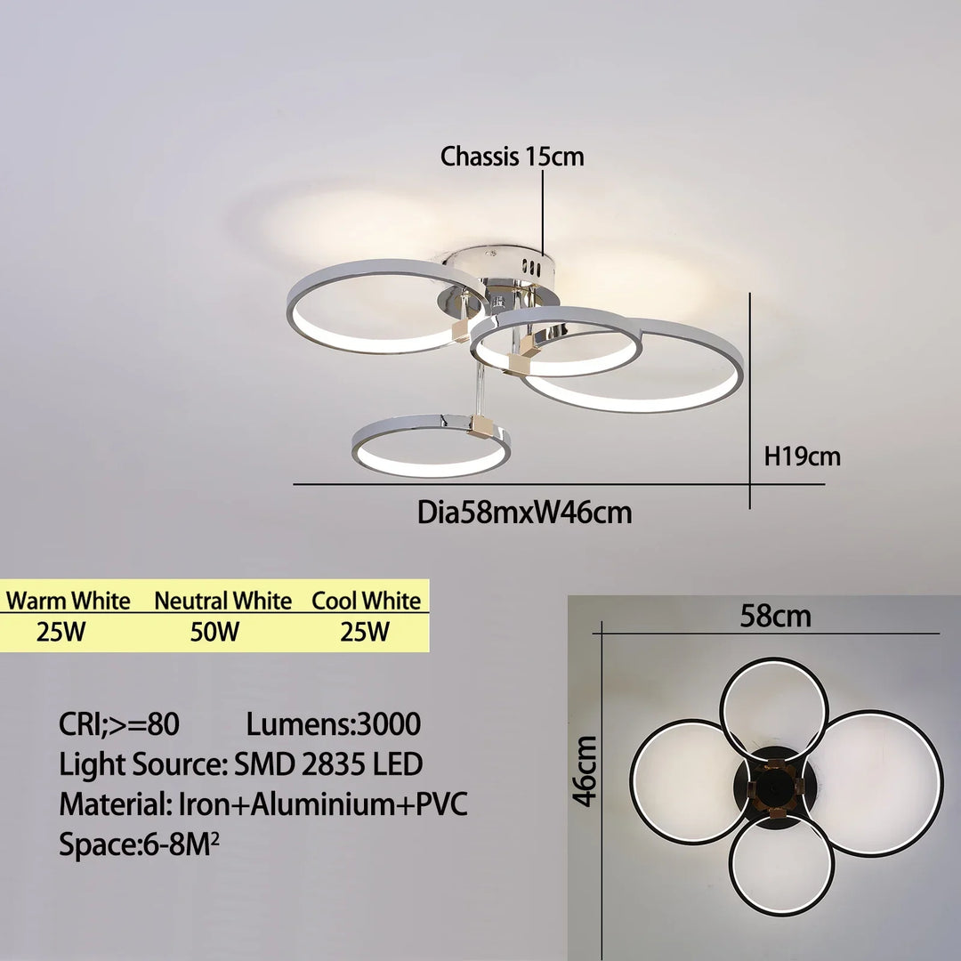 Moderne dimmbare LED-Deckenleuchte – 4/6-Ring-Kronleuchter mit Fernbedienung, einstellbare Farbtemperatur für Wohnzimmer, Schlafzimmer und Esszimmer