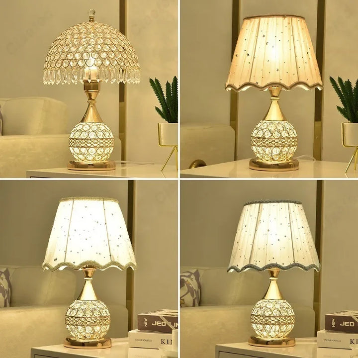 Luxuriöse europäische LED-Tischlampe mit Stoffschirm und Kristallbasis – Warmes romantisches Schlafzimmer-Nachtlicht