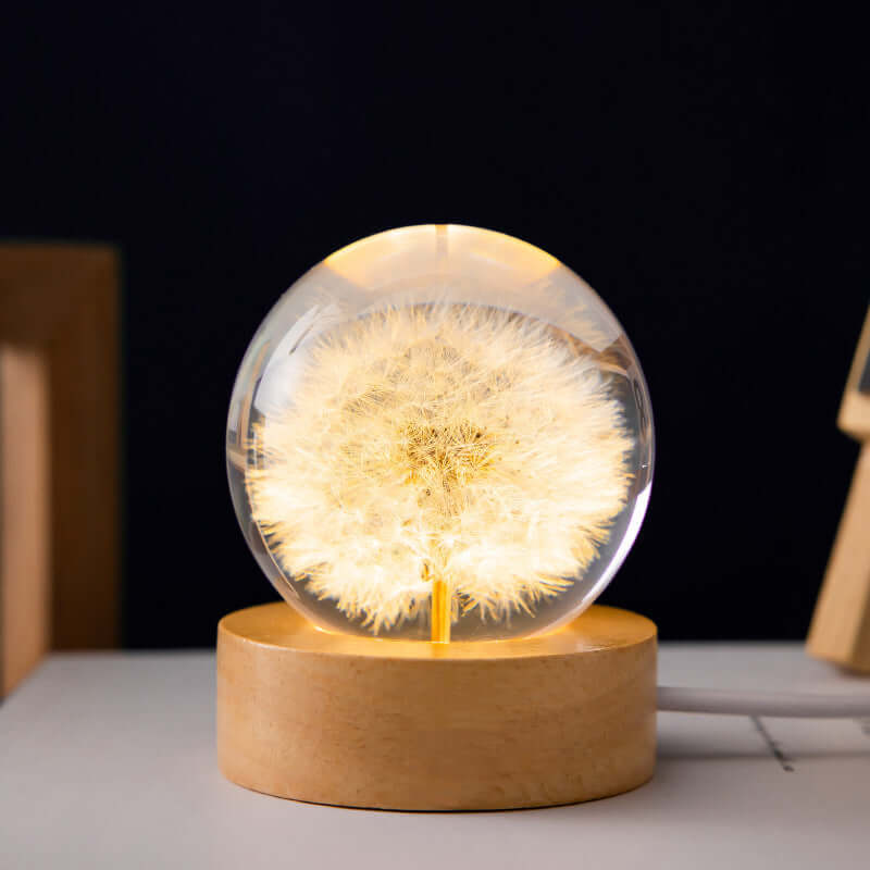 LED-Nachtlicht Blumen-Kristallkugel Kinder-Nachtlampe mit Holzsockel Schlafzimmer Ambientelicht Kreativgeschenk Nachtlicht