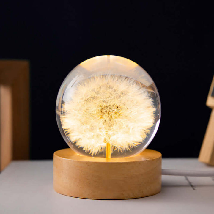 LED-Nachtlicht Blumen-Kristallkugel Kinder-Nachtlampe mit Holzsockel Schlafzimmer Ambientelicht Kreativgeschenk Nachtlicht