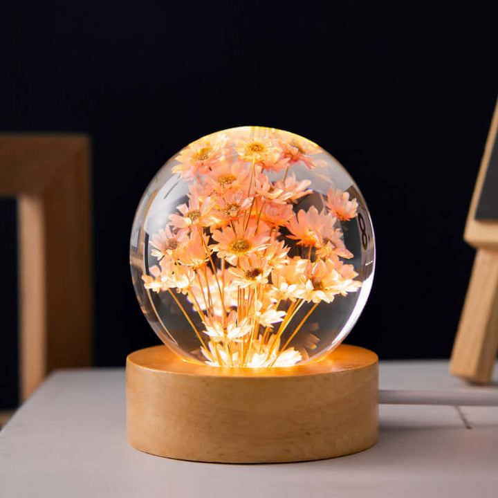 LED-Nachtlicht Blumen-Kristallkugel Kinder-Nachtlampe mit Holzsockel Schlafzimmer Ambientelicht Kreativgeschenk Nachtlicht