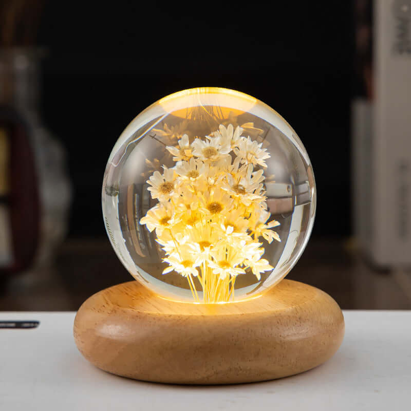 LED-Nachtlicht Blumen-Kristallkugel Kinder-Nachtlampe mit Holzsockel Schlafzimmer Ambientelicht Kreativgeschenk Nachtlicht