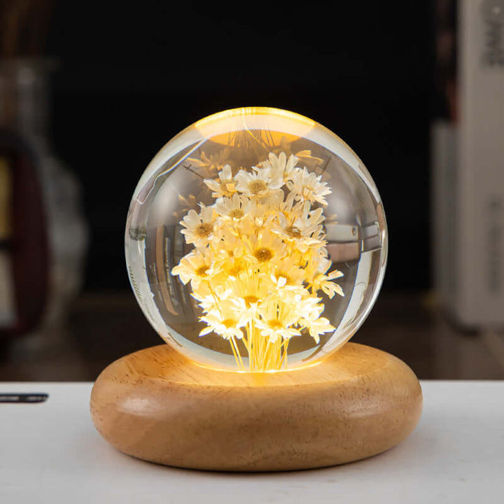 LED-Nachtlicht Blumen-Kristallkugel Kinder-Nachtlampe mit Holzsockel Schlafzimmer Ambientelicht Kreativgeschenk Nachtlicht