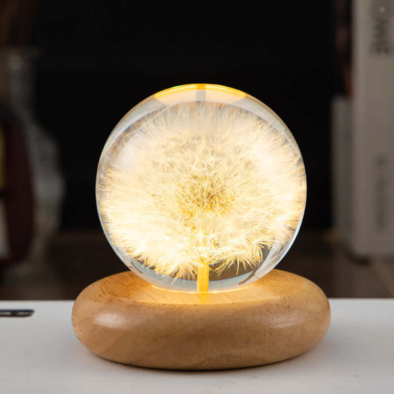LED-Nachtlicht Blumen-Kristallkugel Kinder-Nachtlampe mit Holzsockel Schlafzimmer Ambientelicht Kreativgeschenk Nachtlicht