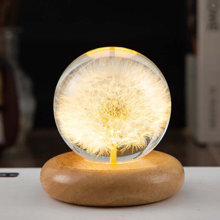 LED-Nachtlicht Blumen-Kristallkugel Kinder-Nachtlampe mit Holzsockel Schlafzimmer Ambientelicht Kreativgeschenk Nachtlicht