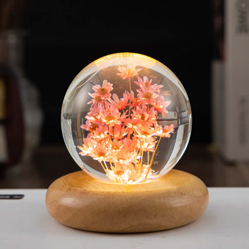 LED-Nachtlicht Blumen-Kristallkugel Kinder-Nachtlampe mit Holzsockel Schlafzimmer Ambientelicht Kreativgeschenk Nachtlicht