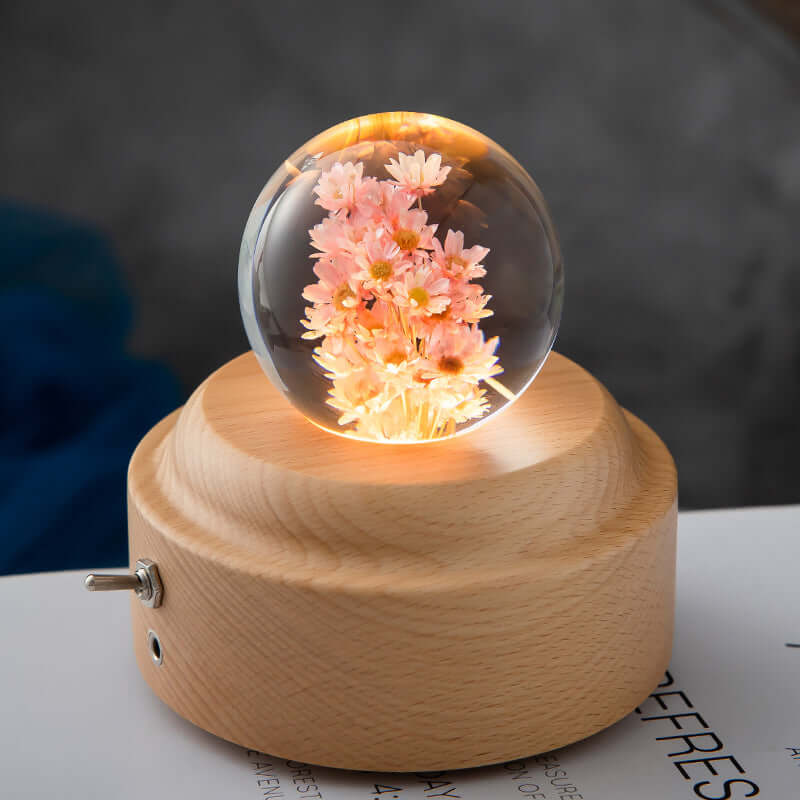 LED-Nachtlicht Blumen-Kristallkugel Kinder-Nachtlampe mit Holzsockel Schlafzimmer Ambientelicht Kreativgeschenk Nachtlicht