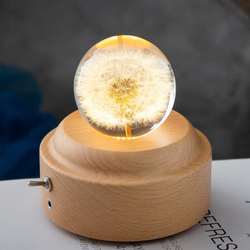 LED-Nachtlicht Blumen-Kristallkugel Kinder-Nachtlampe mit Holzsockel Schlafzimmer Ambientelicht Kreativgeschenk Nachtlicht